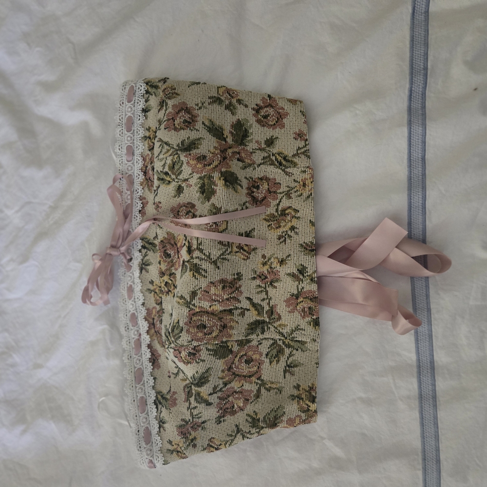 Floral Tapestry Corset with Pink Ribbon